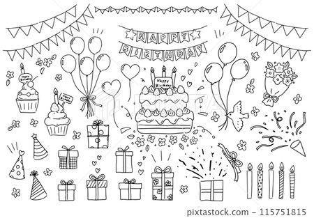 Birthday-related line drawing illustration set 115751815