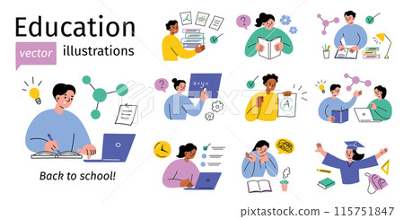 Education vector illustrations, set of school children and teachers. Studying, exams, homework, classroom activities. Students reading, writing, doing science, math. Back to school collection 115751847