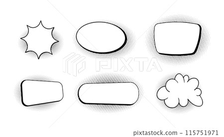 Comic speech bubble cloud with halftone, empty frame for text, boom or pow sound effects in pop art style. Set dialog balloons. 115751971