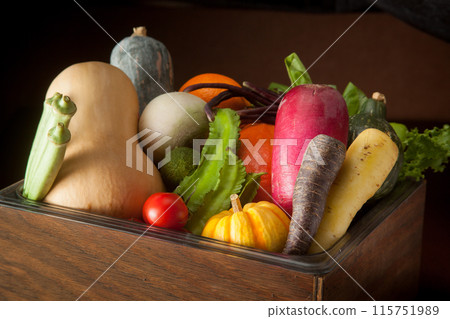 Colorful vegetables in a wooden box Colorful vegetables in a wooden box 115751989
