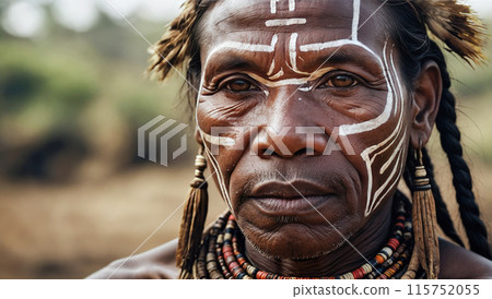 Men with traditional decorations and headwear in a forest. 115752055