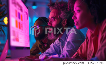 Three people are looking at a computer monitor with a colorful background 115752196