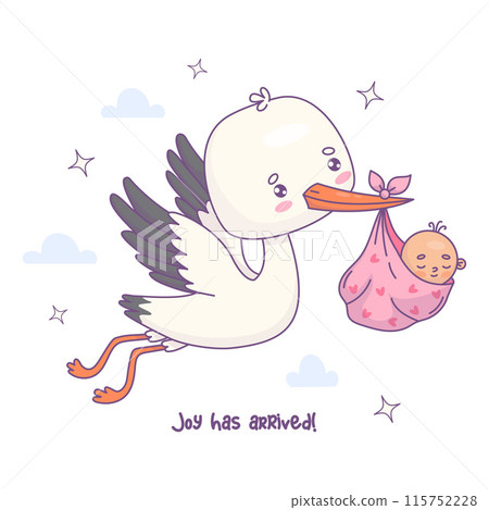 Cute flying white stork with newborn baby girl. Vector illustration. Funny Cartoon bird kawaii and delivery of infant. Cool card childish birthday. Kids collection. 115752228