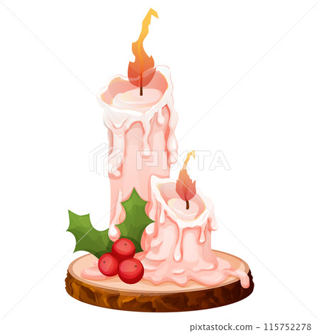 Wax candles with fire, flame on wooden board, tray with leaves and berries isolated on white background. Game element, winter decoration. 115752278