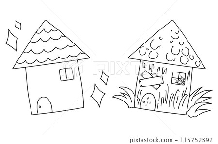 寬鬆簡單的漂亮房子和破舊房子線描圖 115752392