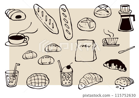 手繪麵包及飲料插畫集線描 手繪麵包及飲料插畫集線描 115752630
