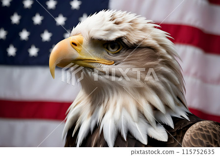 Bald eagle, against the background of the American flag, symbol of the 4th of July Independence Day 115752635