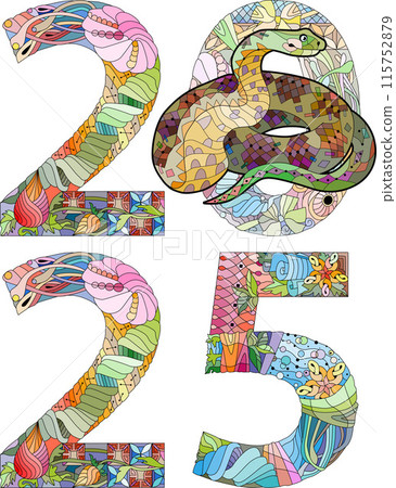 Zentangle stylized snake number 2025. Hand Drawn lace vector illustration Zentangle stylized snake number 2025. Hand Drawn lace vector illustration 115752879
