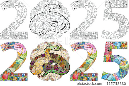 Zentangle stylized snake number 2025 for coloring. Hand Drawn lace vector illustration. Color and outline set 115752880