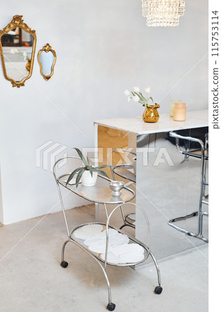 Vertical background image of luxury bar area in minimal white tones with bar counter and decor, copy space 115753114