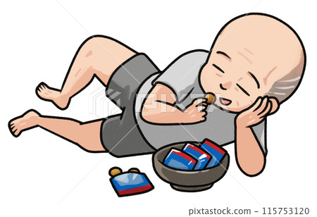 一位老人躺著吃零食 115753120