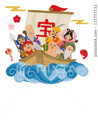 2025 Year of the Snake New Year's card featuring the Seven Lucky Gods on a treasure ship 115753132