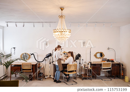 Wide angle view of luxury grooming salon with crystal chandelier and two women caring for cute dog copy space 115753199