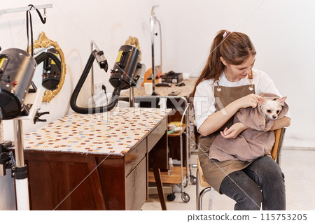 Portrait of female pet groomer at workplace holding cute little dog wrapped in tower with care copy space 115753205