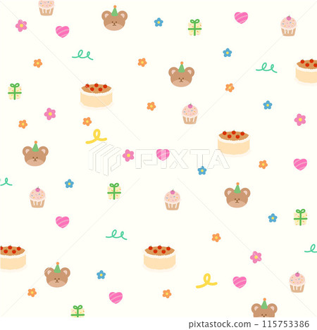 Happy birthday background with teddy bear, cake, cupcake, candle, gift box, heart, flower for gift wrap, packaging, birthday party backdrop, wallpaper, social media post, print, pattern, cafe, menu 115753386