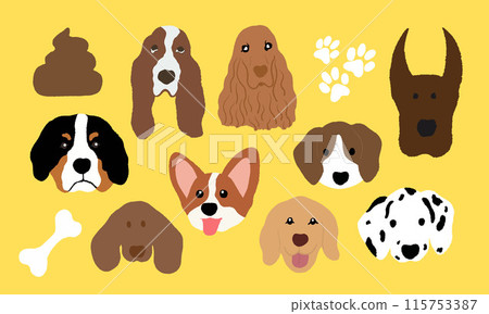Various dog breeds drawing in crayon such as Doberman, Corgi, Golden Retriever, Dachshund, Cocker Spaniel, Basset, Beagle, Dalmatian, Mountain Bernese for pet logo, puppy icon, sticker, animal print Various dog breeds drawing in crayon such as Doberman, Corgi, Golden Retriever, Dachshund, Cocker Spaniel, Basset, Beagle, Dalmatian, Mountain Bernese for pet logo, puppy icon, sticker, animal print 115753387