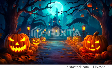 A Halloween pumpkin head jack lantern glows with a burning candle inside. It illuminated by the light of a full moon in a spooky forest and a graveyard. Generative AI. 115753402