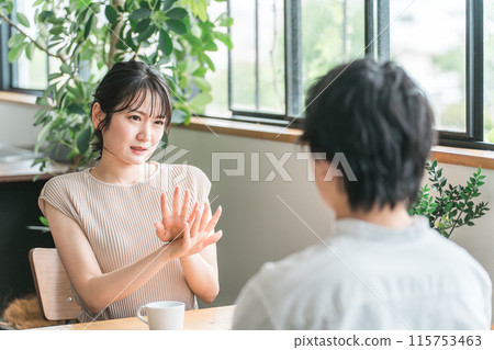A woman who came to a cafe, eatery, or restaurant on a date (refusing/rejecting) A woman who came to a cafe, eatery, or restaurant on a date (refusing/rejecting) 115753463