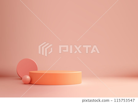Minimal 3D Round Podium on Pink Background with Circle and Ball Elements for Modern Product Display, Mockup 115753547