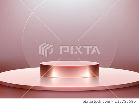 Luxury 3D Rose Gold Metallic Circular Podium with Glass Backdrop on Pink Background for Product Display, Mockup 115753580