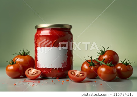 canned food, ripe red tomatoes canned in jars 115754113