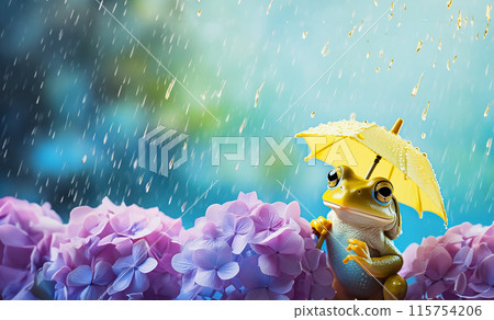 雨季雨中,一隻青蛙在繡球花上撐著一把黃色的小傘 雨季雨中,一隻青蛙在繡球花上撐著一把黃色的小傘 115754206