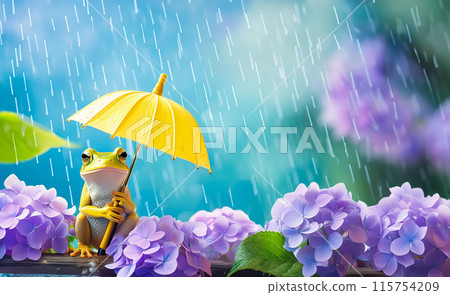 A frog holding a yellow umbrella on a hydrangea flower in the rain during the rainy season 115754209