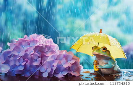 A frog holding a yellow umbrella staring at hydrangea flowers in the rainy season 115754210