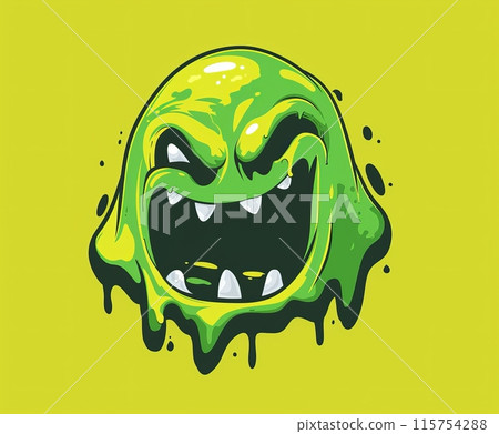 Green slime monster logo design with dripping effect and menacing expression 115754288