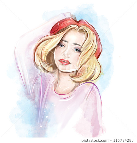 Hand drawn watercolor of a girl in a French red beret. Cute blond girl on Place du Tertre near Sacre-Coeur, quarter Montmartre in Paris Hand drawn watercolor of a girl in a French red beret. Cute blond girl on Place du Tertre near Sacre-Coeur, quarter Montmartre in Paris 115754293