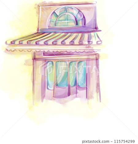 Watercolor Street cafe building. Hand drawn illustration isolated on white background. Showcase of France Watercolor Street cafe building. Hand drawn illustration isolated on white background. Showcase of France 115754299