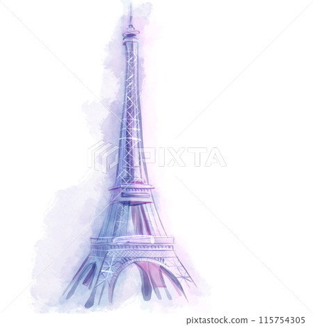 Watercolor illustration of Eiffel Tower. Travel to Paris poster, greeting card, print with hand drawn calligraphy lettering. France famous symbol isolated  115754305