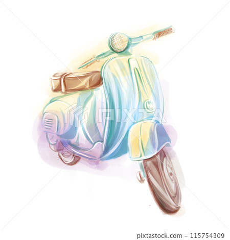 Watercolor hand painted scooter illustration isolated on a white background. Vintage motorbike in romantic style Watercolor hand painted scooter illustration isolated on a white background. Vintage motorbike in romantic style 115754309