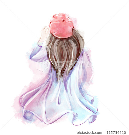 Watercolor girl in a dress and a red beret. Beautiful young girl wherein beret illustration. Isolated on a white background. Parisian woman clipart Watercolor girl in a dress and a red beret. Beautiful young girl wherein beret illustration. Isolated on a white background. Parisian woman clipart 115754310