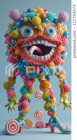 Colorful cartoon monster made of candy with open mouth and whimsical expression 115754573
