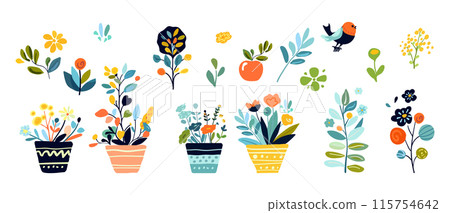 Bright and playful vector illustration folk Potted plants, flowers and bird. Spring themed designs poster Greeting cards Home decor, Includes fresh vibrant colors whimsical elements... 115754642