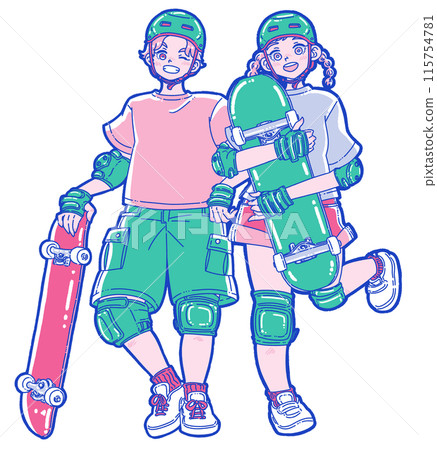 一個男人和一個女人手裡拿著滑板微笑 一個男人和一個女人手裡拿著滑板微笑 115754781