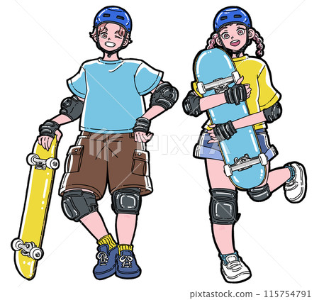 一個男人和一個女人手裡拿著滑板微笑 115754791