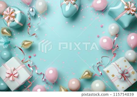 Birthday celebration background with pastel colored balloons and gift boxes 115754839