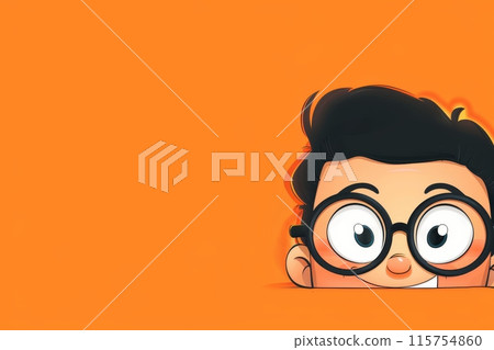 Cartoon face of a curious child with glasses against an orange background 115754860