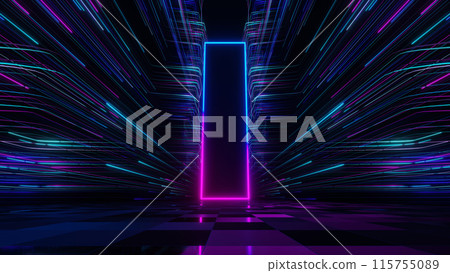 3d Render, Blue pink neon square portal gate over hyper speed light background, technology fast digital concept, abstract futuristic scene. 3d Render, Blue pink neon square portal gate over hyper speed light background, technology fast digital concept, abstract futuristic scene. 115755089