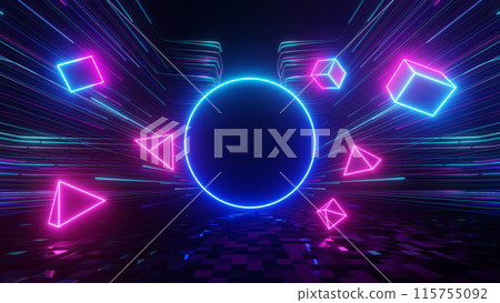3d Render, Blue circle neon light with floating cube and triangle, technology and futuristic light background, speed light trail scene. 3d Render, Blue circle neon light with floating cube and triangle, technology and futuristic light background, speed light trail scene. 115755092