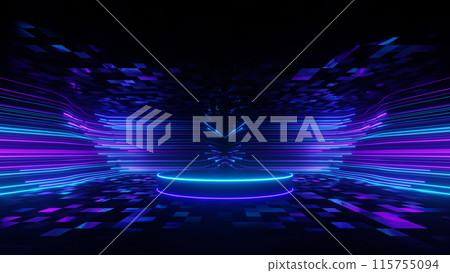 3d Render, Neon podium with blue and purple light line background, technology futuristic and digital concept. 115755094