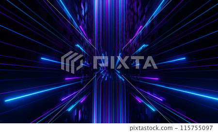 3d Render, Fast speed in blue and purple neon light through reflection background, abstract hyper warp in space and galaxy. 3d Render, Fast speed in blue and purple neon light through reflection background, abstract hyper warp in space and galaxy. 115755097