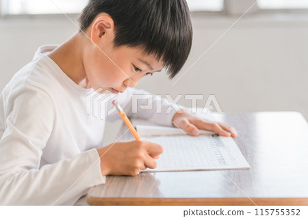 A boy in the lower grades of elementary school taking lessons in a classroom at school or cram school 115755352