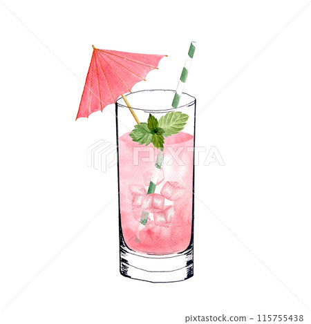 A glass with a pink drink, ice cubes, mint cocktail umbrella and a straw. Watercolor, ink art isolated on white, hand drawn for food design. Great for juice, smoothie, menu, organic food, logo design 115755438