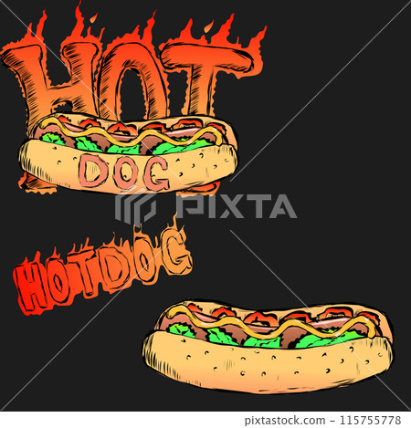 A hot dog with the word Hot Dog and a fire effect. Beautiful hot dog with sesame seeds lettuce peppers or tomatoes and mustard. Vector illustration 115755778