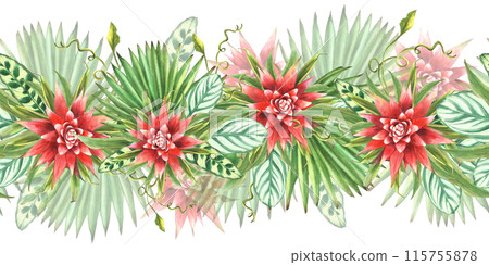 Tropical leaves with red flowers, palm leaf, curly creeper, home plant greenery. Seamless border, pattern Exotic Hawaiian jungle floral clipart Watercolor painted illustration on isolated background  115755878