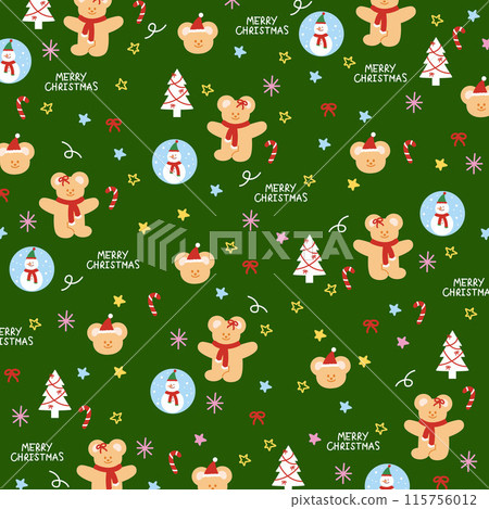 Christmas green background with Teddy Bear, tree, snowman for festive winter wallpaper, gift wrap, backdrop, card, December template, print, packaging, cute fabric, pattern, kid costume, cartoon Christmas green background with Teddy Bear, tree, snowman for festive winter wallpaper, gift wrap, backdrop, card, December template, print, packaging, cute fabric, pattern, kid costume, cartoon 115756012