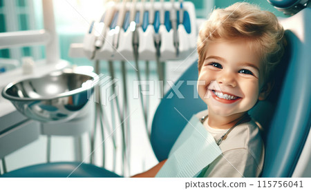 Close-up of a cheerful child sitting in a dental chair and smiling during a dental check-up in a modern clinic. Close-up of a cheerful child sitting in a dental chair and smiling during a dental check-up in a modern clinic. 115756041